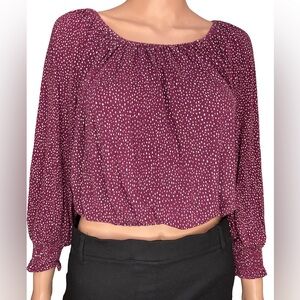 Express One Eleven Maroon Scoop Neck Smocked Band Hem Blouse with White Dots XS